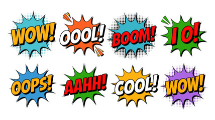 Comic style speech bubbles with exclamation words on a white background bubble pop art onomatopoeia wow boom cool oops ahh colorful © Iconhub