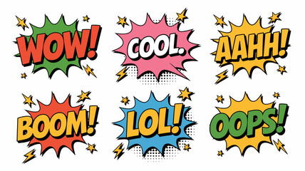 Comic style speech bubbles with exclamations against a white background bubble exclamation onomatopoeia wow cool aahh boom lol oops pop art © Iconhub
