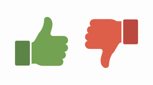 Thumbs up and thumbs down hand gestures flat icon set on white background approval disapproval positive negative like dislike sign gesture