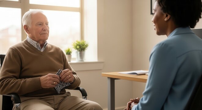Elderly man in wheelchair talking to a female therapist