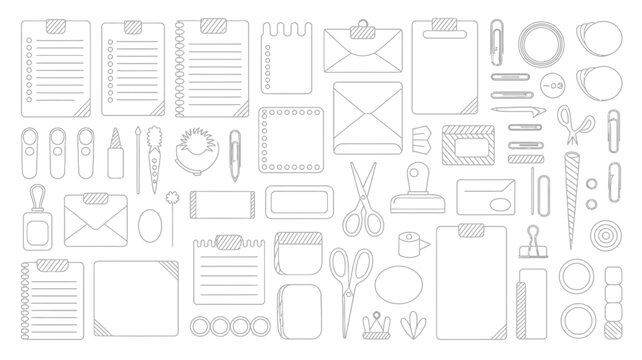 Stationery item collection black line drawing on a white background office supplies school writing implements paper clips scissors tape envelope notebook