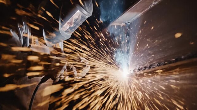 Welder wearing protective helmet and gear sparks flying during metal welding process in industrial workshop environment with bright intense light smoke and safety measures