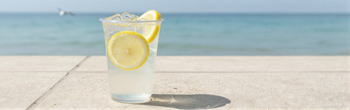 Glass of lemon drink with lemon slice on seaside terrace poolside