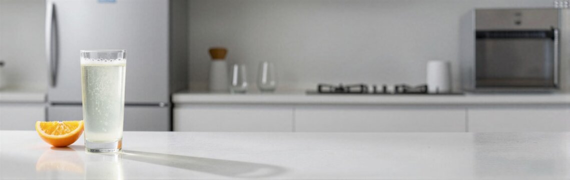 Glass of smoothie beside orange half on kitchen countertop