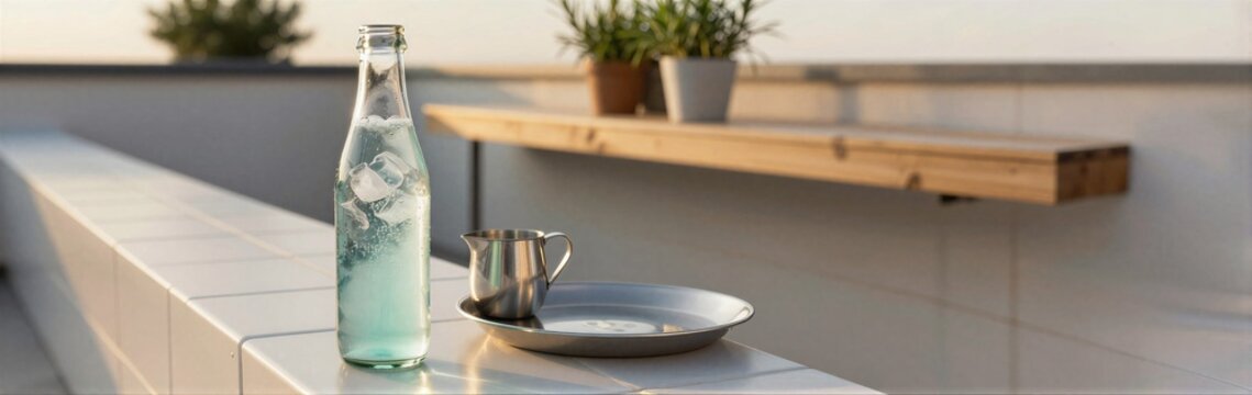 Glass bottle and creamer placed on tiled ledge with shelf
