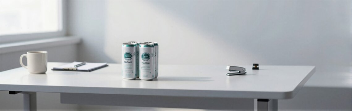 Two beverage cans placed on office table with mug