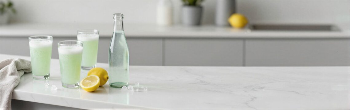 Three pale green drinks arranged on kitchen counter