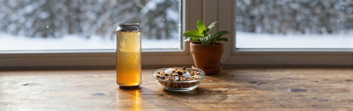 Glass jar with tea and bowl of cereal on wooden windowsill snowy background