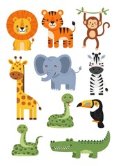 Obraz premium Cute Cartoon Jungle Animals Set with Lion Tiger Elephant Giraffe Monkey Zebra Snake Toucan and Crocodile Vector Illustration