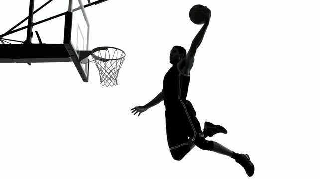 Basketball player silhouette dunking against a white background a dynamic sports illustration dunk athlete action movement competition hoop net ball jump