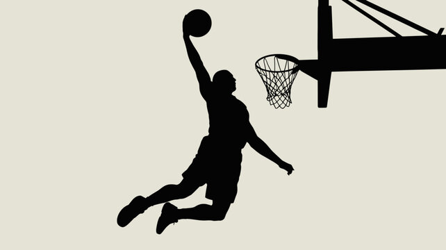 Basketball player silhouette dunking on a hoop against a light background dunk sports athletic athlete competition game action movement jump jumping