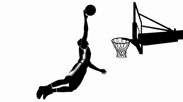 Basketball player silhouette against a white background capturing a dynamic dunking action dunk sports athletic athlete hoop net movement competition game