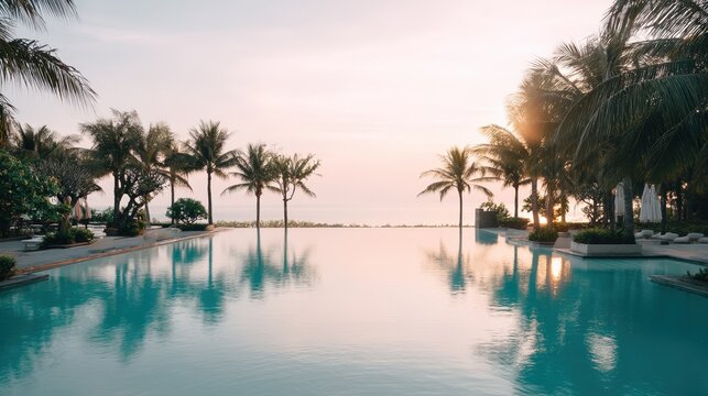 Swimming pool with palm tree at sunset. Infinity edge view of tropical resort ocean horizon. Water reflection and tranquil scenery for summer tourism, travel vacation and luxury holiday.