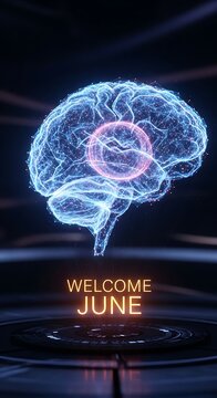 3D rendered glowing brain with welcome June text overlay.