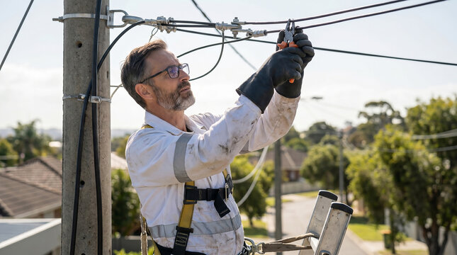 Electrician working on utility pole adjusting overhead power lines in residential neighborhood during daytime