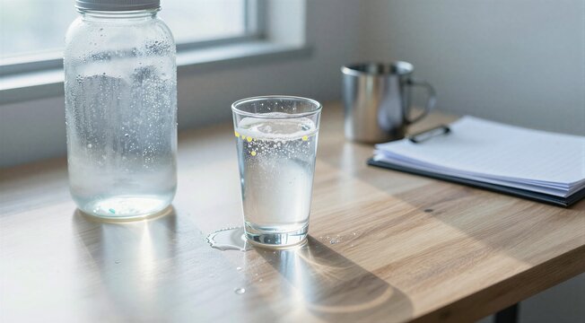 Glass of cold water with condensation on wooden desk