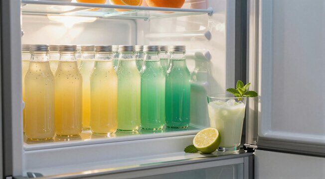 Rows of colorful bottled drinks arranged inside refrigerator shelf