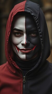 A girl in a hood with harlequin makeup. A split image: the light and dark sides. The theme of good and evil in the portrait. Half of his face was covered in white makeup, and the other half was covere