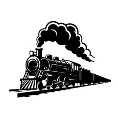Vintage Steam Locomotive Train Silhouette with Smoke - Black and White © purnama