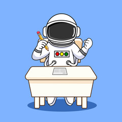 Cute Astronaut Student Studying at Desk with Pencil Vector Illustration Cartoon