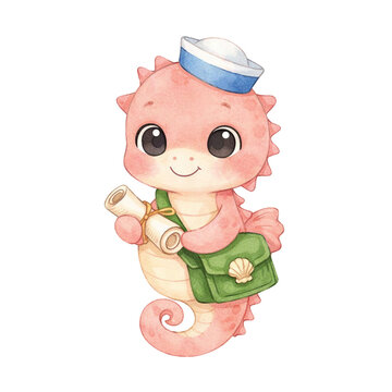 Niedliches Kawaii Seepferdchen als Postbote mit Seemannsm&uuml;tze und Tasche, Aquarell Illustration, freigestelltes PNG