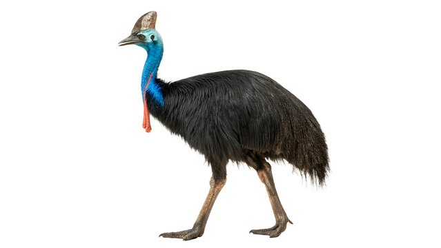 Large wild cassowary bird walking forward profile view isolated on transparent background cut out