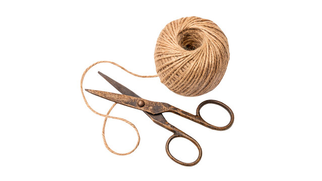 Natural jute twine yarn ball string coil with scissors isolated on transparent background cut out