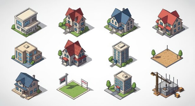 Isometric Real Estate Icons Set with Modern Houses, Apartment Buildings, Construction Site, and For Sale Signs