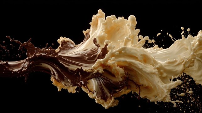 Dynamic splash of milk and melted chocolate with flowing liquid motion and rich creamy texture.