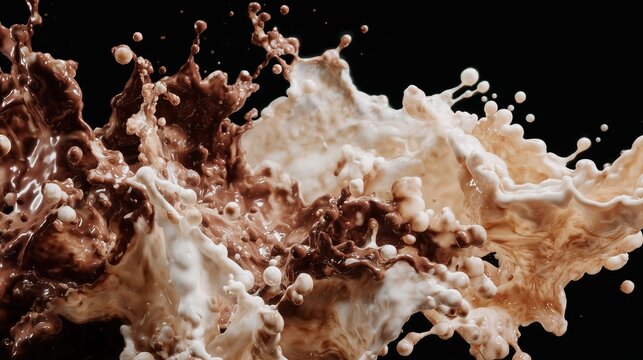 Dynamic splash of milk and melted chocolate with flowing liquid motion and rich creamy texture.