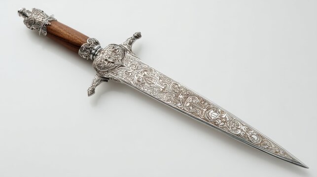 Ornate silver dagger with intricately engraved blade and polished wooden handle. Historical medieval weapon display object. Royal ceremonial blade with craftsmanship and luxury design.
