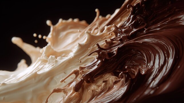 Dynamic splash of milk and melted chocolate with flowing liquid motion and rich creamy texture.