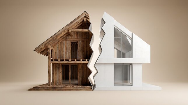 Architectural house model split into two halves, one rustic and one modern