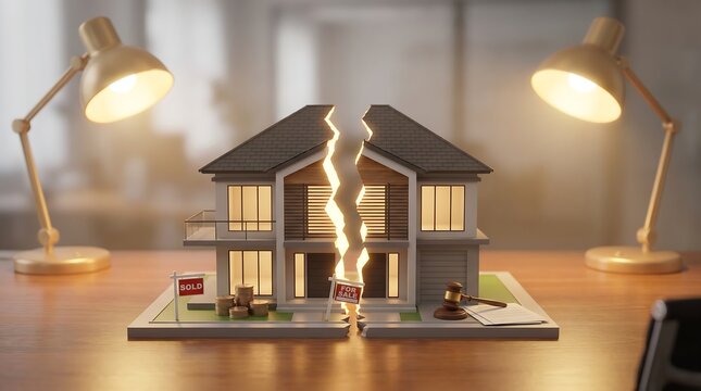 Miniature two-story house model split down the center with lamps illuminating