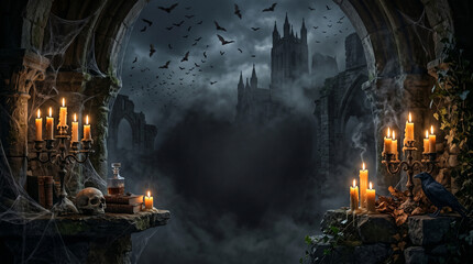 Obraz premium dark gothic halloween banner with candles skull and spooky castle in fog