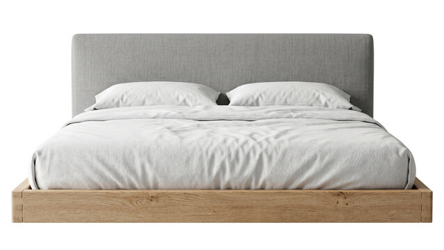 Upholstered bed with white linens on transparent background