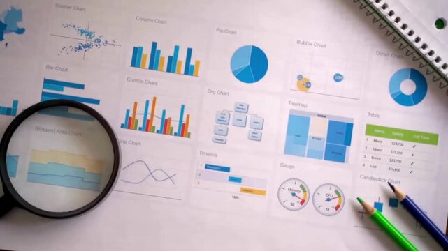 Magnifying glass moving over business financial reports and charts