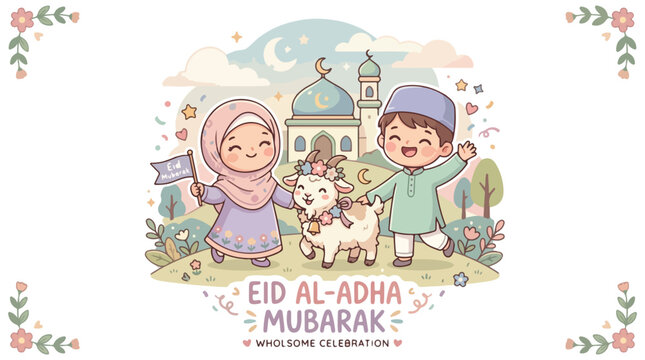 Eid Al-Adha Mubarak greeting card template with cute Muslim kids, adorable sheep, and beautiful mosque background, pastel color Islamic holiday cartoon illustration