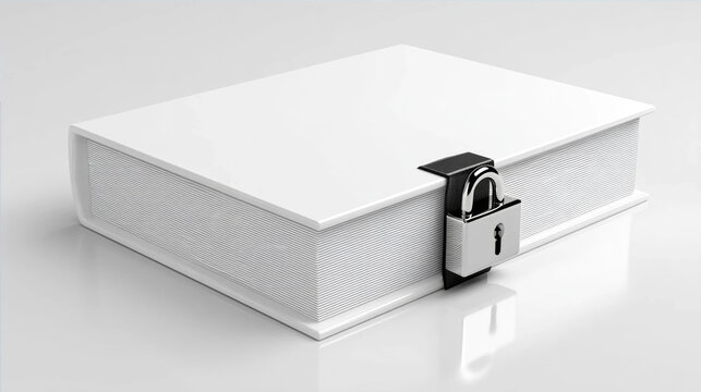 White book locked with a metal padlock on a reflective white surface, symbolizing data protection, privacy, and secret knowledge.