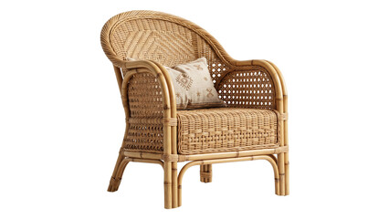 Wicker armchair with patterned cushion on transparent background