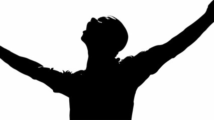 Black silhouette of a man with arms raised, joyful gesture, freedom expression, vector icon © Mim