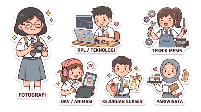 Indonesian vocational high school student major sticker pack, cute SMK kids in grey and white uniform for photography, IT programming, mechanical engineering, multimedia animation, and hospitality tou