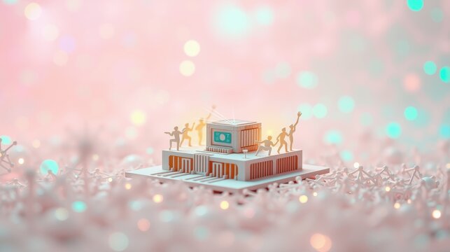 Minimalist scene depicts tiny figures celebrating atop stylized server structure. Soft pink hues dominate background, creating dreamlike effect.