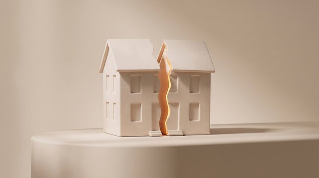 Small white model of a house split in half with an orange glow emanating
