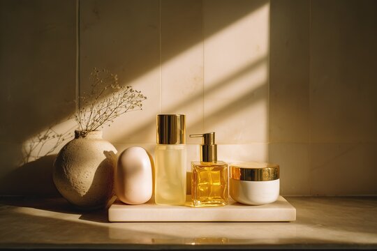 Minimal skincare product mockup with cosmetic bottles, natural stones and neutral spa aesthetic background.