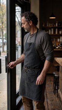 Authentic Mature Male Small Business Owner in Dark Gray Apron Unlocking Shop Door in Rustic Cafe Interior, Grounding Hues Dark Moody Entrepreneurship and Independent Business Lifestyle