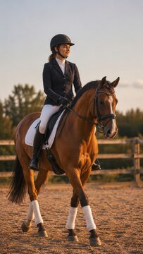 Young Female Equestrian Rider in Black Jacket and White Breeches Training Chestnut Horse at Golden Hour in Sandy Arena, Luxury Active Lifestyle and Dressage Sport Concept Photography
