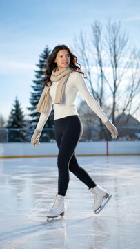 Graceful Young Woman in White Sweater and Beige Scarf Ice Skating Outdoors on Natural Rink in Winter Sunlight, Calming Neutral Luxurious Tones and Active Sport Lifestyle Concept Photography