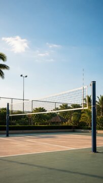 Empty Outdoor Volleyball Court with White Net and Blue Poles Framed by Lush Tropical Palm Trees Against Clear Summer Sky, Calming Biophilic Sport Facility and Luxury Resort Lifestyle Concept