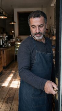 Authentic Mature Mediterranean Small Business Owner in Dark Denim Apron Opening Cafe Door, Active Older Adults Grounding Hues Dark Moody Entrepreneur and Independent Business Lifestyle Portrait